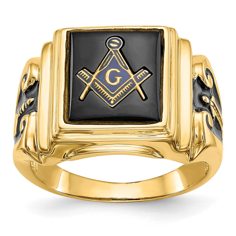 10K Yellow Gold Men'S Polished And Textured With Black Enamel Onyx Masonic Ring