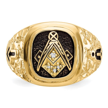 10K Yellow Gold Polished, Antiqued And Nugget Texture Aa Quality Diamond Masonic Ring