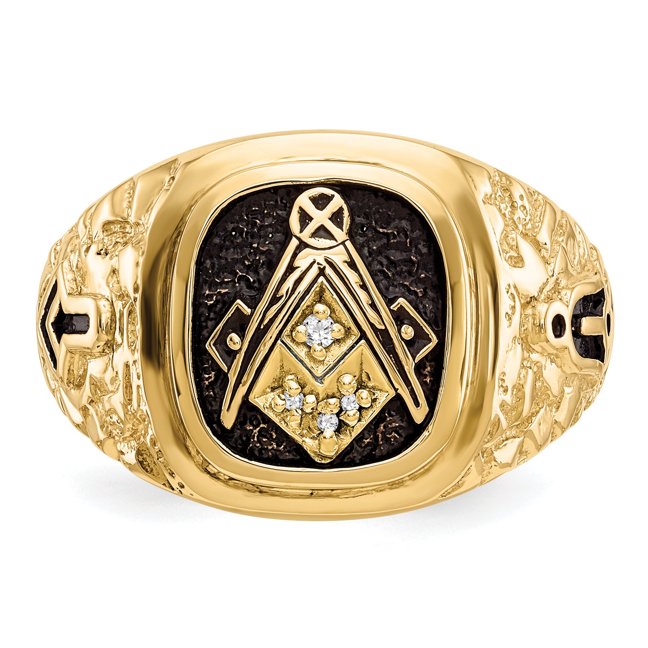 10K Yellow Gold Polished, Antiqued And Nugget Texture Aa Quality Diamond Masonic Ring