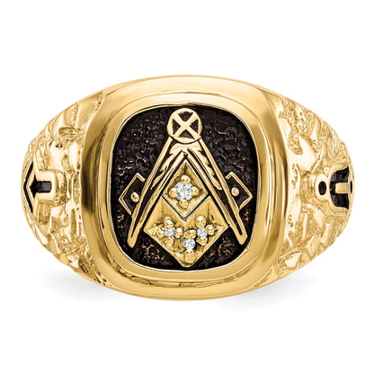 10K Yellow Gold Polished, Antiqued And Nugget Texture Aa Quality Diamond Masonic Ring