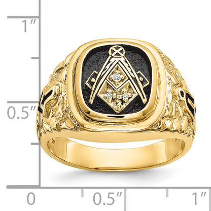 10K Yellow Gold Polished, Antiqued And Nugget Texture Aa Quality Diamond Masonic Ring