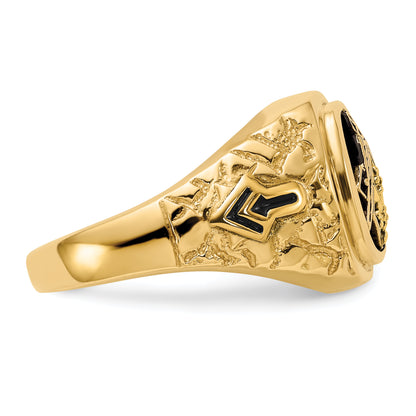 10K Yellow Gold Polished, Antiqued And Nugget Texture Aa Quality Diamond Masonic Ring