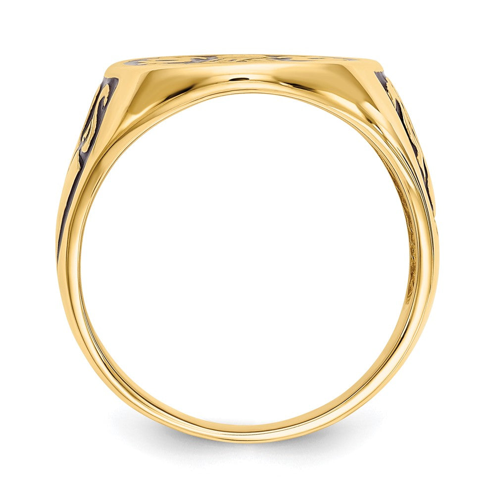 10K Yellow Gold Men'S Polished And Grooved With Black Enamel Masonic Ring