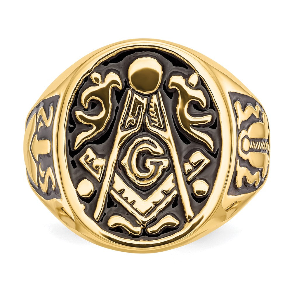 10K Yellow Gold Men'S Polished And Grooved With Black Enamel Masonic Ring