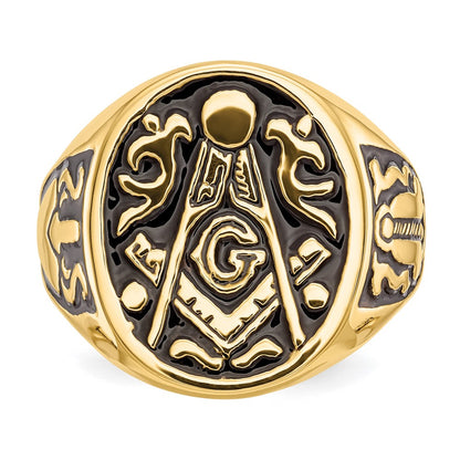 10K Yellow Gold Men'S Polished And Grooved With Black Enamel Masonic Ring