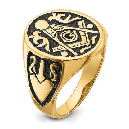 10K Yellow Gold Men'S Polished And Grooved With Black Enamel Masonic Ring