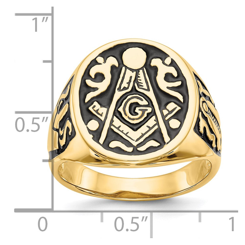 10K Yellow Gold Men'S Polished And Grooved With Black Enamel Masonic Ring