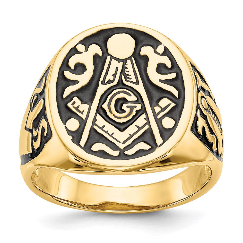 10K Yellow Gold Men'S Polished And Grooved With Black Enamel Masonic Ring