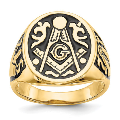 10K Yellow Gold Men'S Polished And Grooved With Black Enamel Masonic Ring