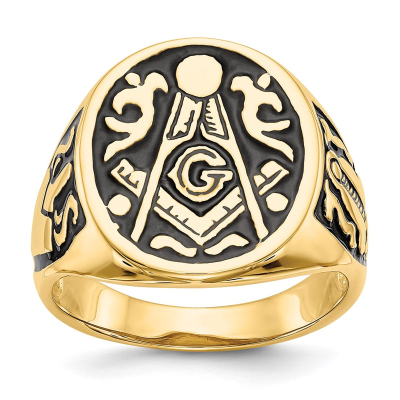 10K Yellow Gold Men'S Polished And Grooved With Black Enamel Masonic Ring