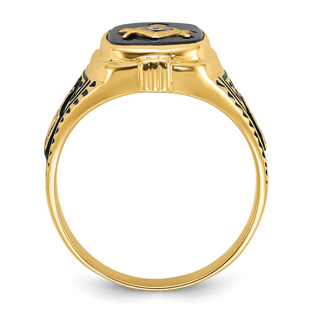 10K Yellow Gold Men'S Polished, Antiqued And Textured With Onyx Masonic Ring