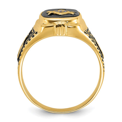 10K Yellow Gold Men'S Polished, Antiqued And Textured With Onyx Masonic Ring