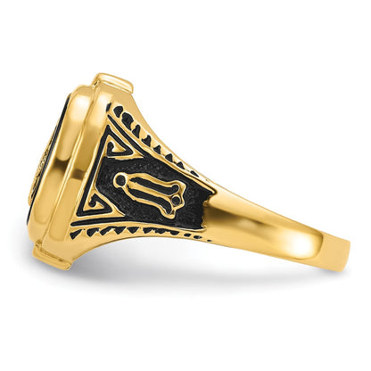 10K Yellow Gold Men'S Polished, Antiqued And Textured With Onyx Masonic Ring