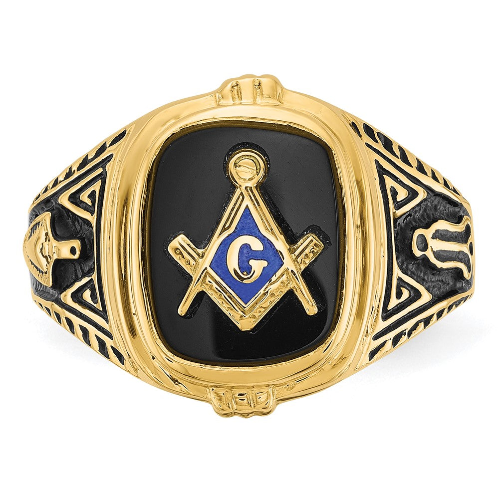 10K Yellow Gold Men'S Polished, Antiqued And Textured With Onyx Masonic Ring