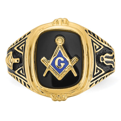 10K Yellow Gold Men'S Polished, Antiqued And Textured With Onyx Masonic Ring