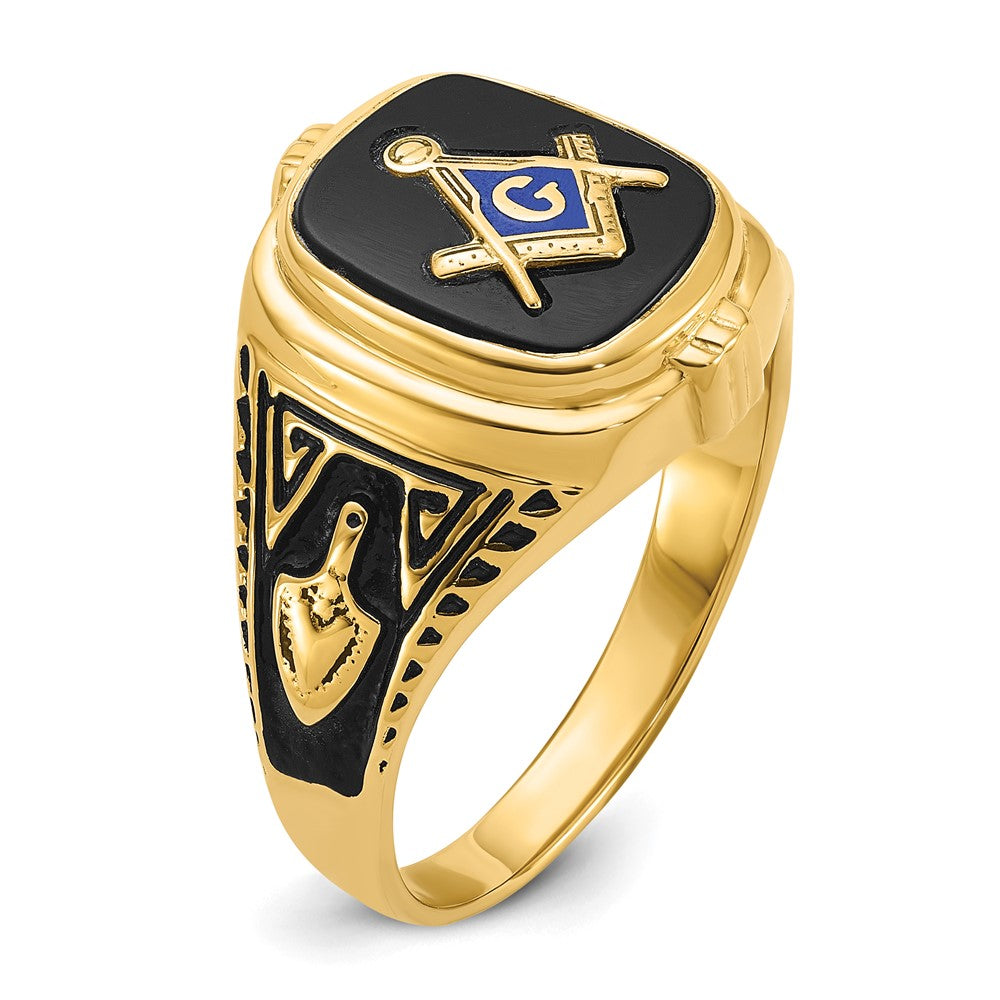 10K Yellow Gold Men'S Polished, Antiqued And Textured With Onyx Masonic Ring