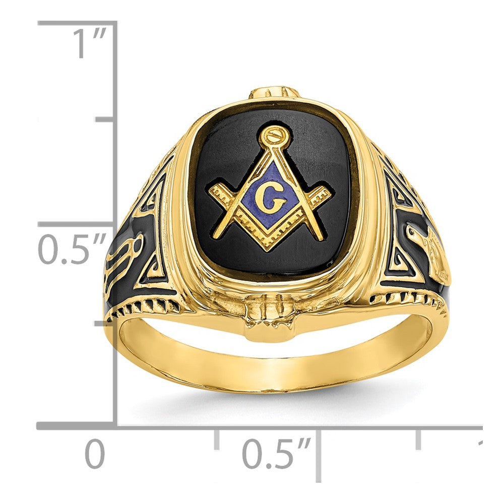 10K Yellow Gold Men'S Polished, Antiqued And Textured With Onyx Masonic Ring