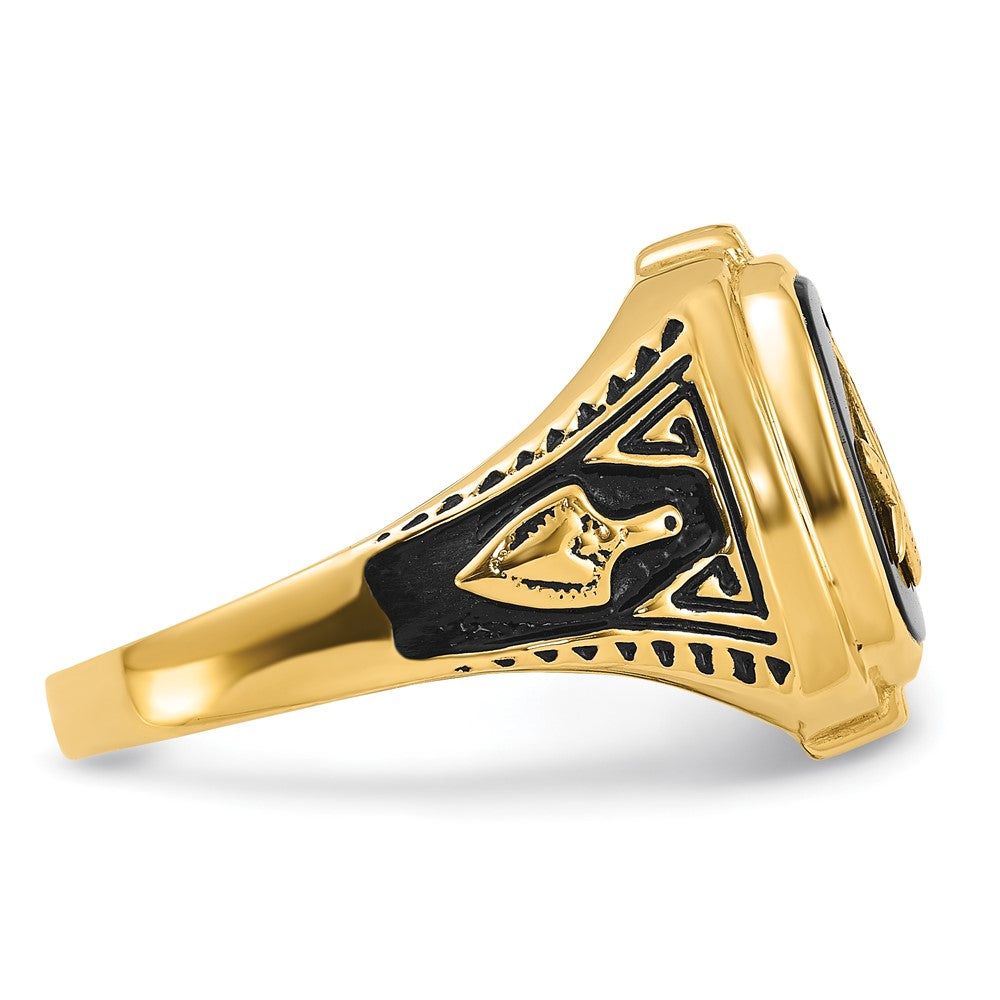 10K Yellow Gold Men'S Polished, Antiqued And Textured With Onyx Masonic Ring