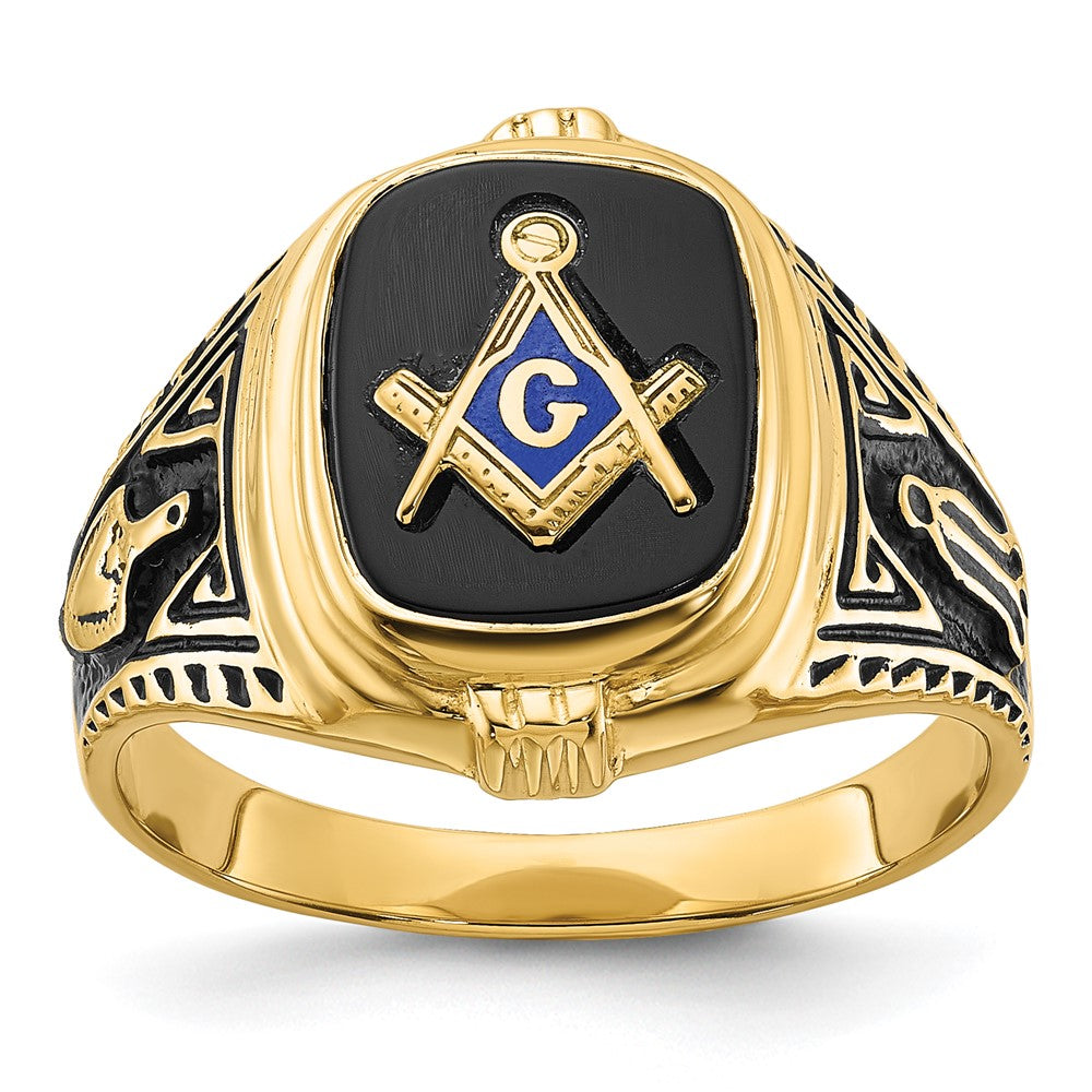 10K Yellow Gold Men'S Polished, Antiqued And Textured With Onyx Masonic Ring