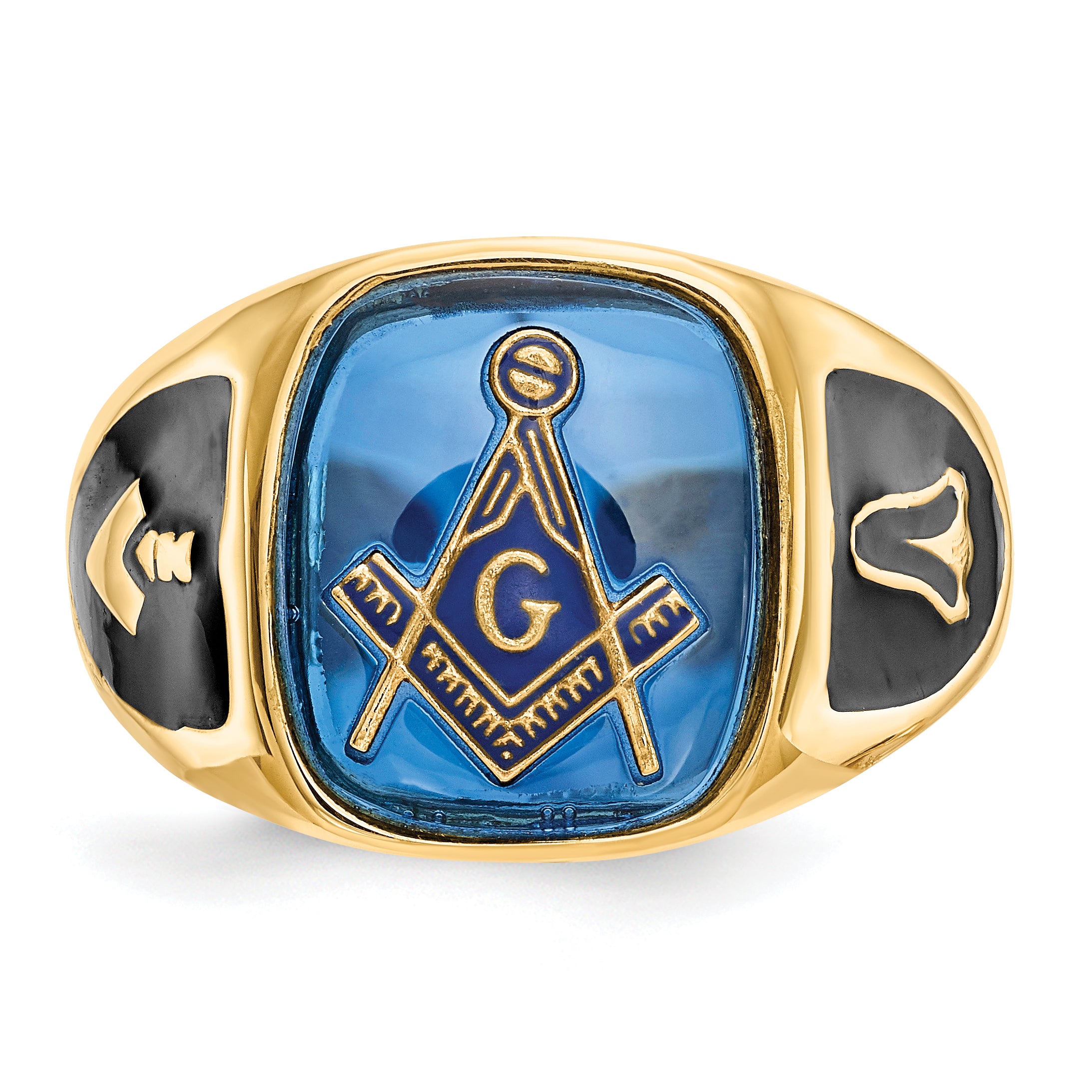 10K Yellow Gold Men'S Polished, Antiqued And Textured With Imitation Blue Spinel Masonic Ring