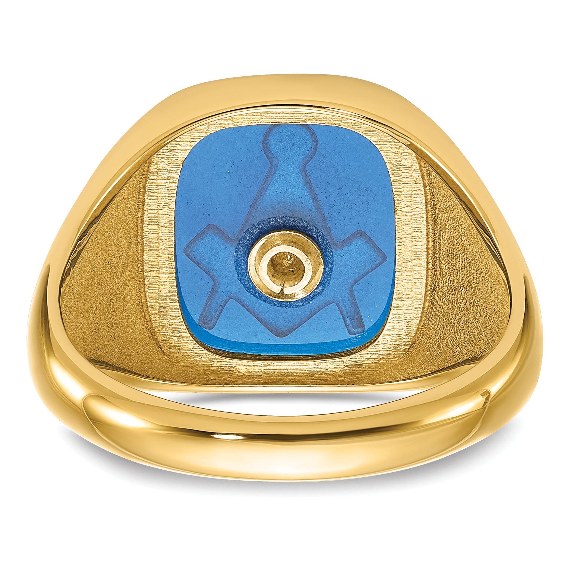 10K Yellow Gold Men'S Polished, Antiqued And Textured With Imitation Blue Spinel Masonic Ring