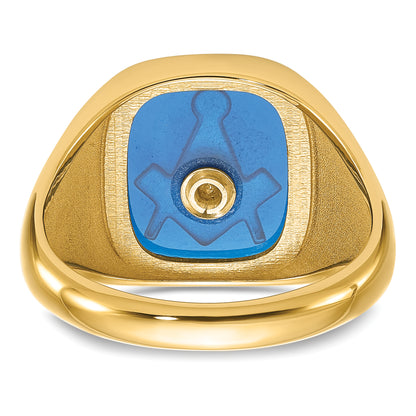 10K Yellow Gold Men'S Polished, Antiqued And Textured With Imitation Blue Spinel Masonic Ring
