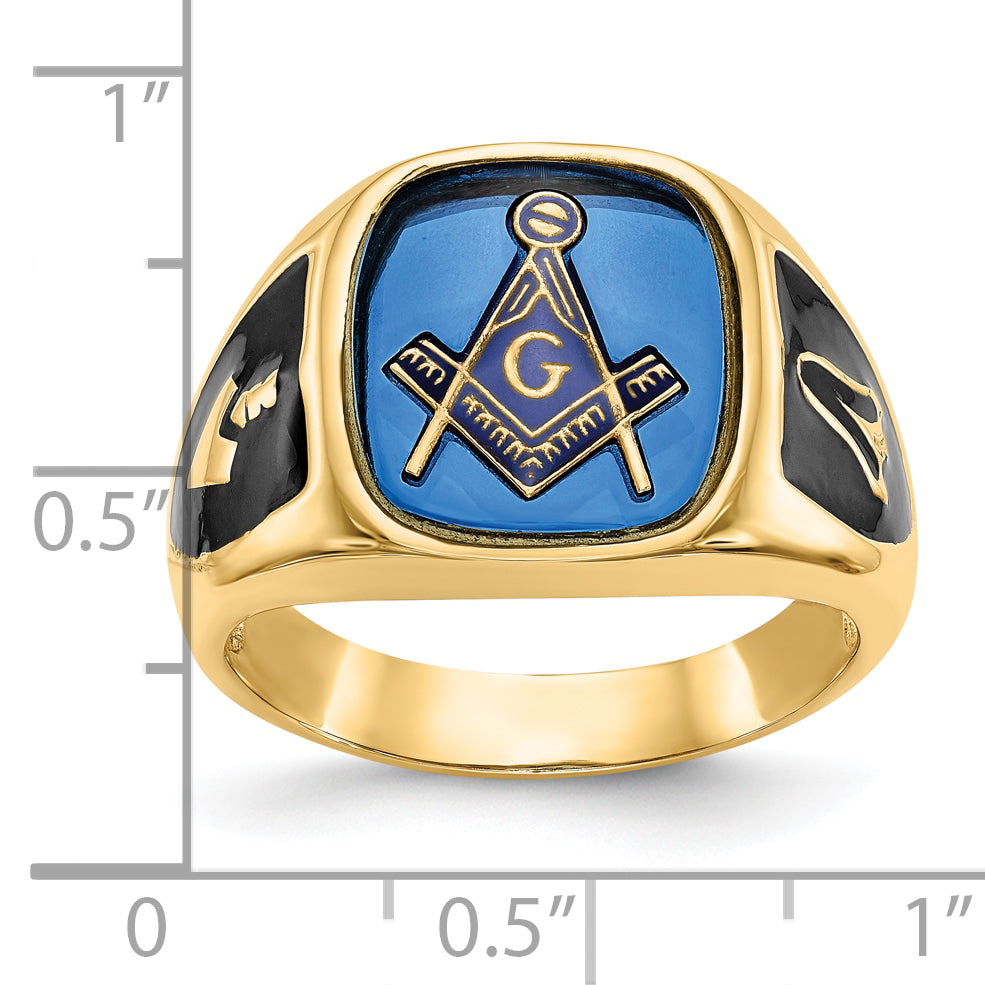 10K Yellow Gold Men'S Polished, Antiqued And Textured With Imitation Blue Spinel Masonic Ring