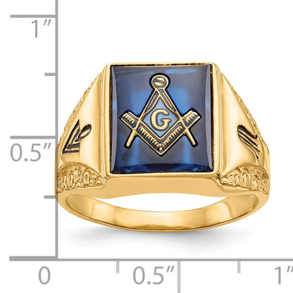 10K Yellow Gold Men'S Polished, Antiqued And Textured With Imitation Blue Spinel Masonic Ring