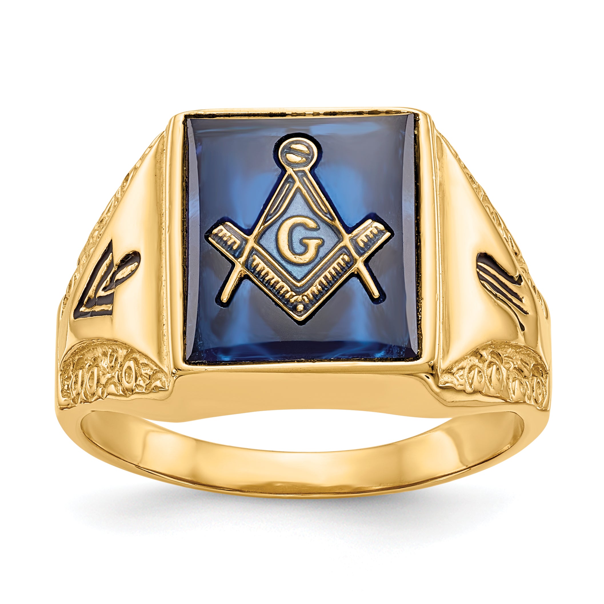 10K Yellow Gold Men'S Polished, Antiqued And Textured With Imitation Blue Spinel Masonic Ring