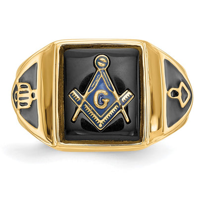 10K Yellow Gold Men'S Polished, Antiqued & Textured Onyx Masonic Ring