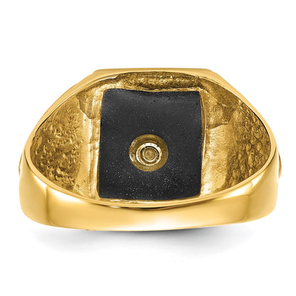10K Yellow Gold Men'S Polished, Antiqued & Textured Onyx Masonic Ring
