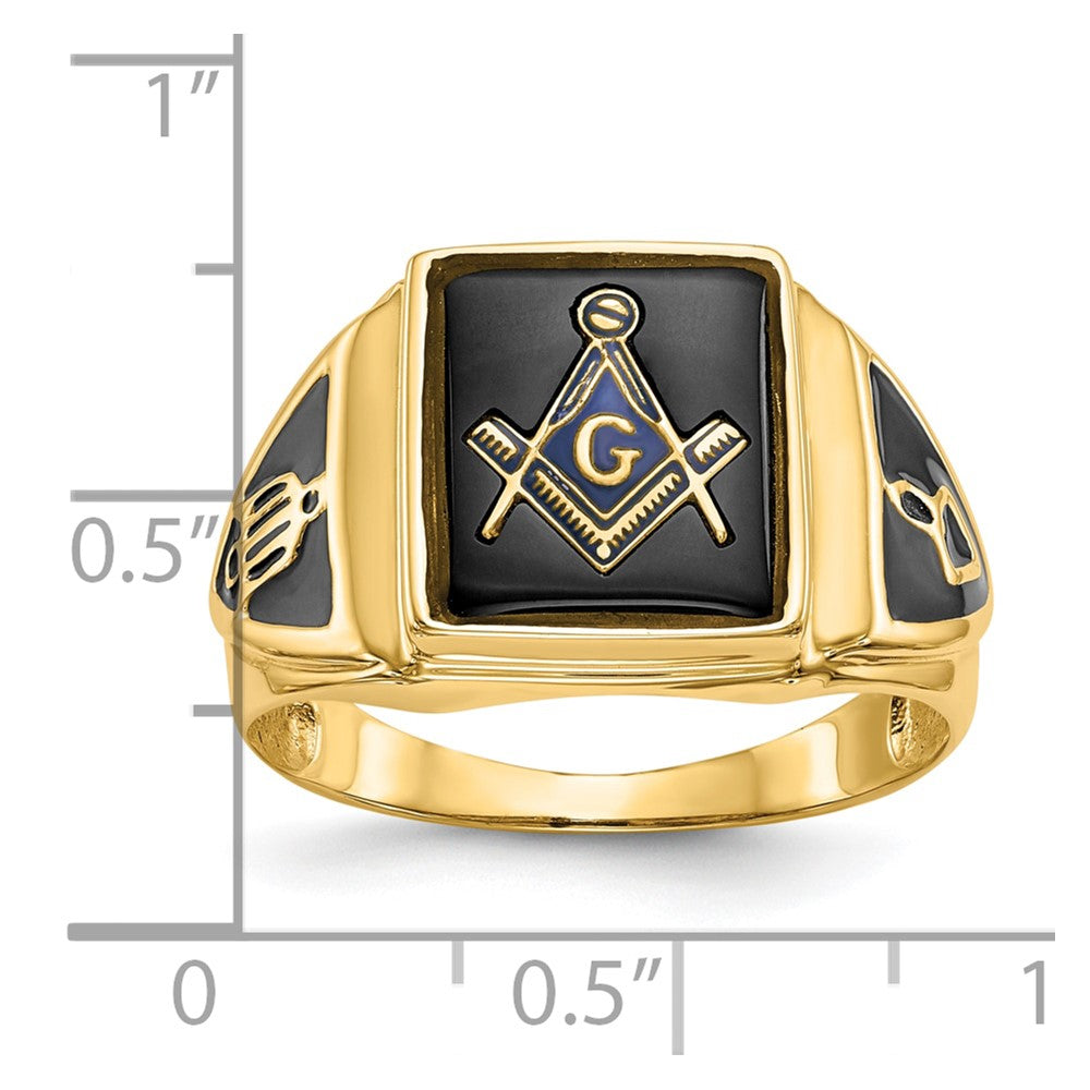 10K Yellow Gold Men'S Polished, Antiqued & Textured Onyx Masonic Ring
