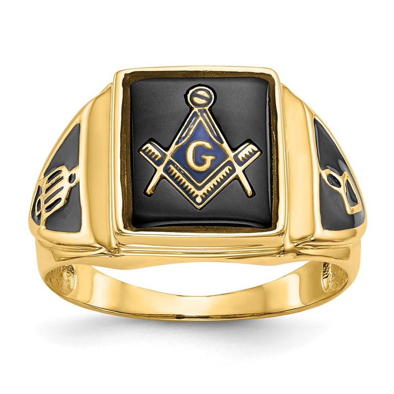 10K Yellow Gold Men'S Polished, Antiqued & Textured Onyx Masonic Ring