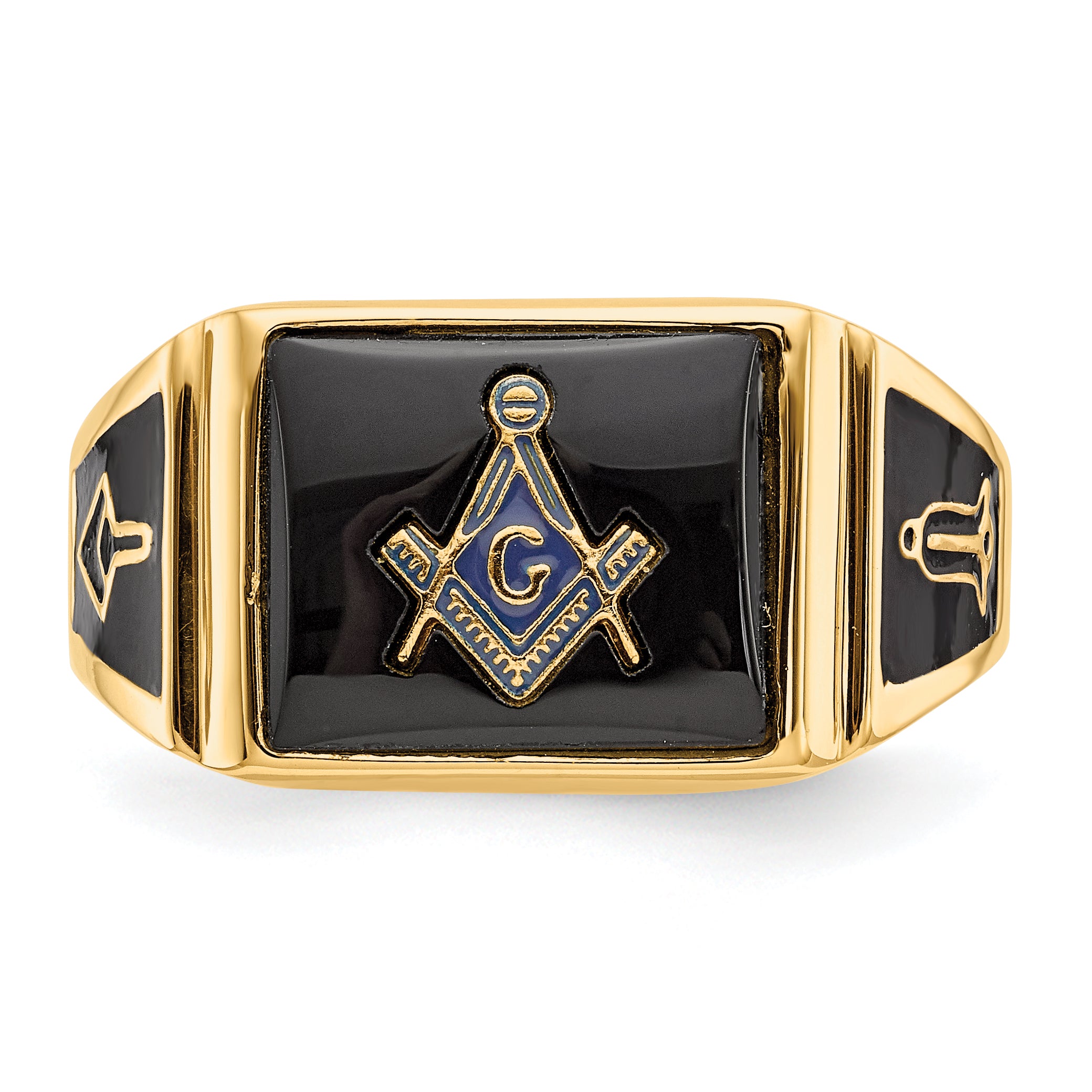 10K Yellow Gold Men'S Polished And Textured With Black Enamel Onyx Masonic Ring