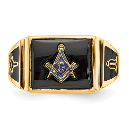 10K Yellow Gold Men'S Polished And Textured With Black Enamel Onyx Masonic Ring