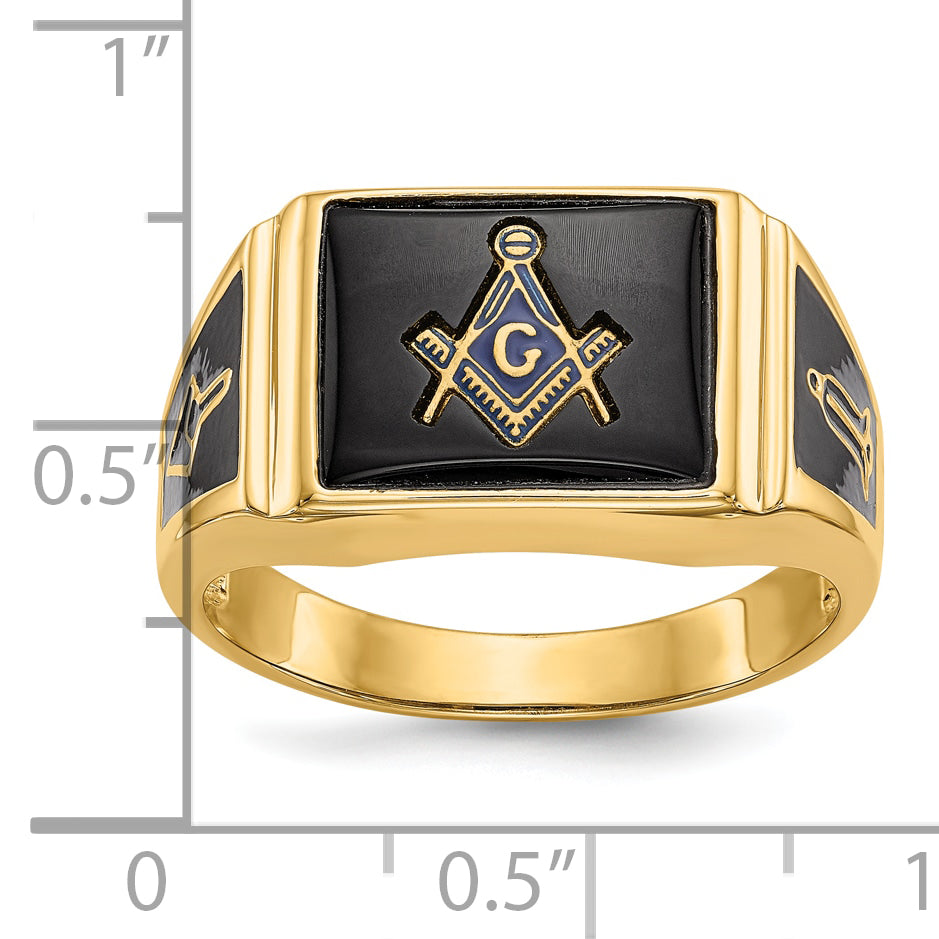 10K Yellow Gold Men'S Polished And Textured With Black Enamel Onyx Masonic Ring