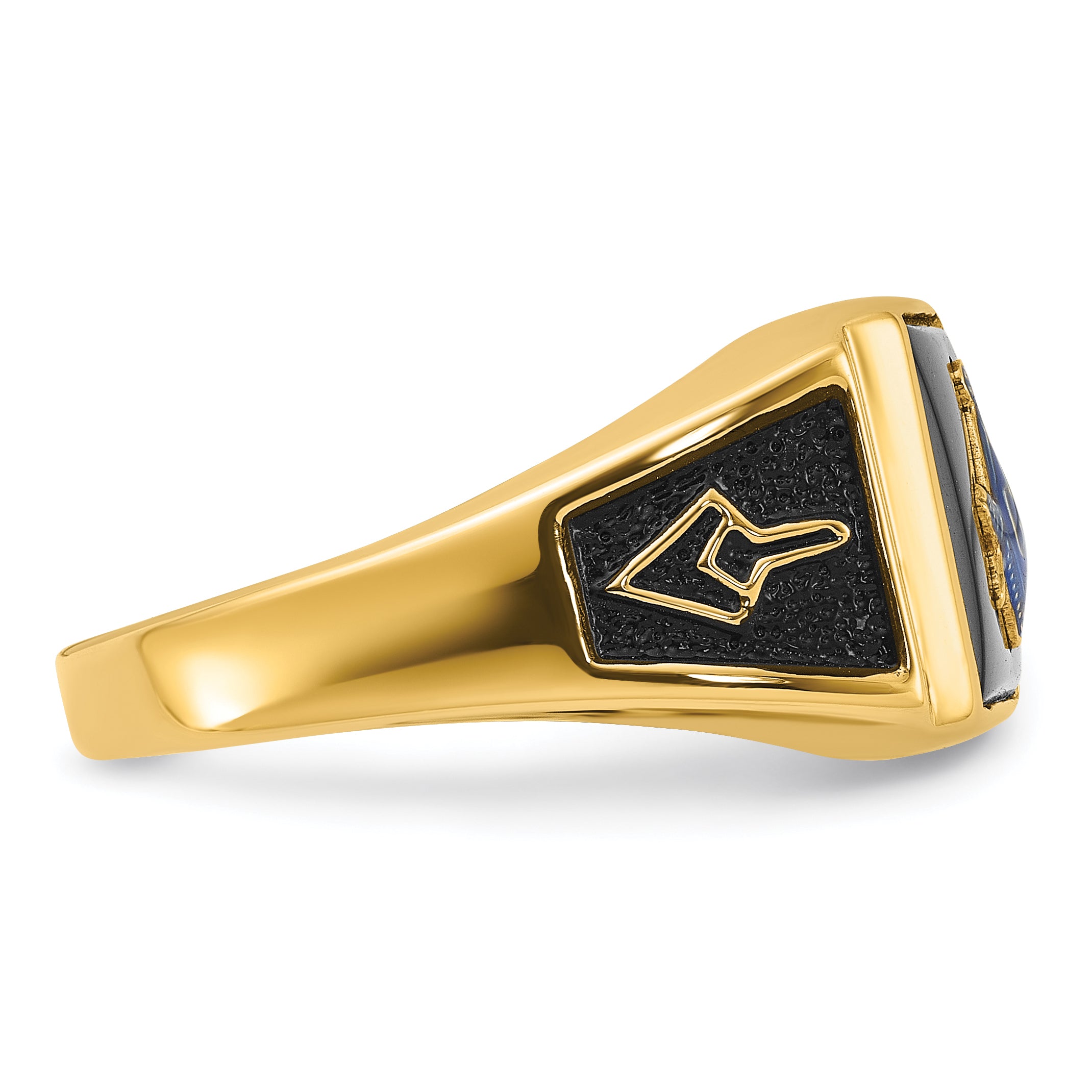 10K Yellow Gold Men'S Polished And Textured With Black Enamel Onyx Masonic Ring