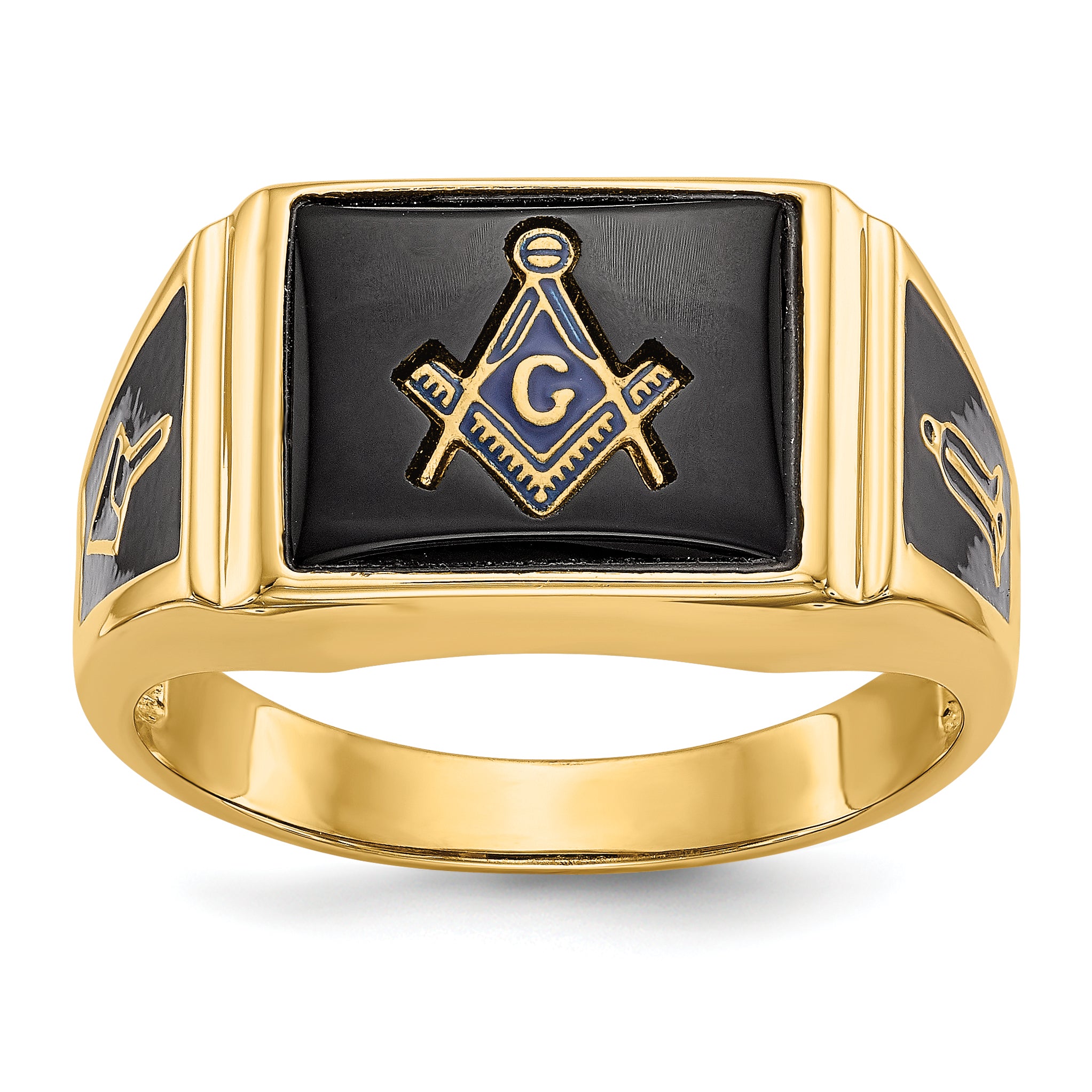 10K Yellow Gold Men'S Polished And Textured With Black Enamel Onyx Masonic Ring