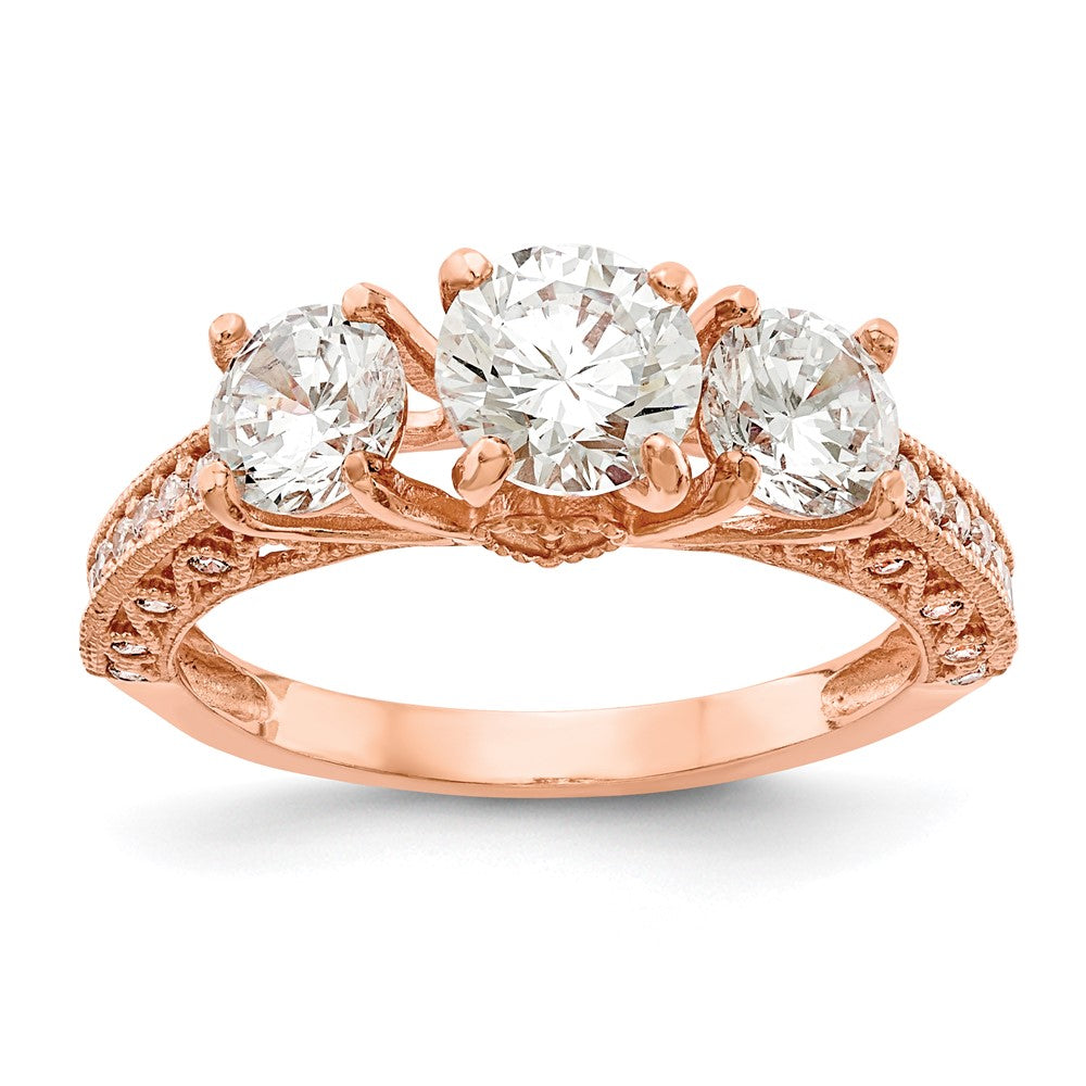 10K Rose Gold Tiara Collection Polished 3 Stone Cz Ring