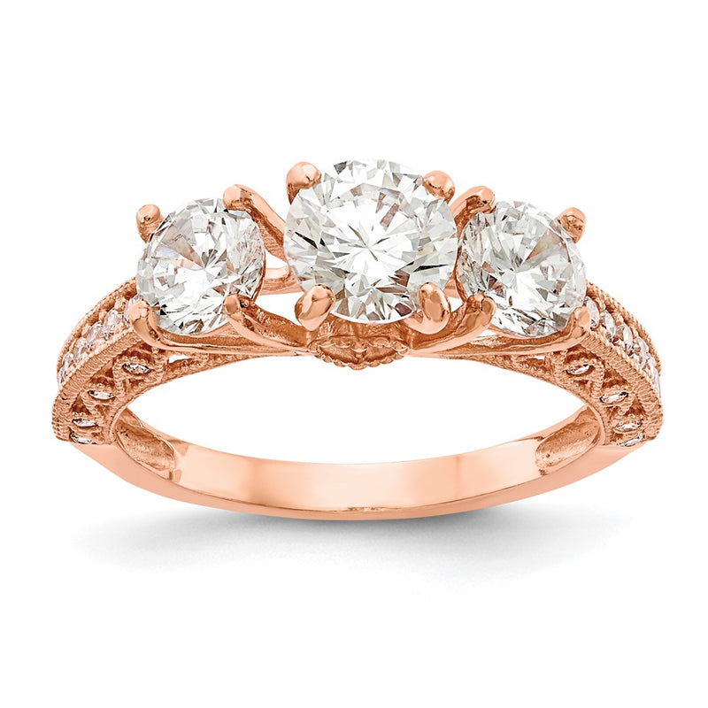 10K Rose Gold Tiara Collection Polished 3 Stone Cz Ring
