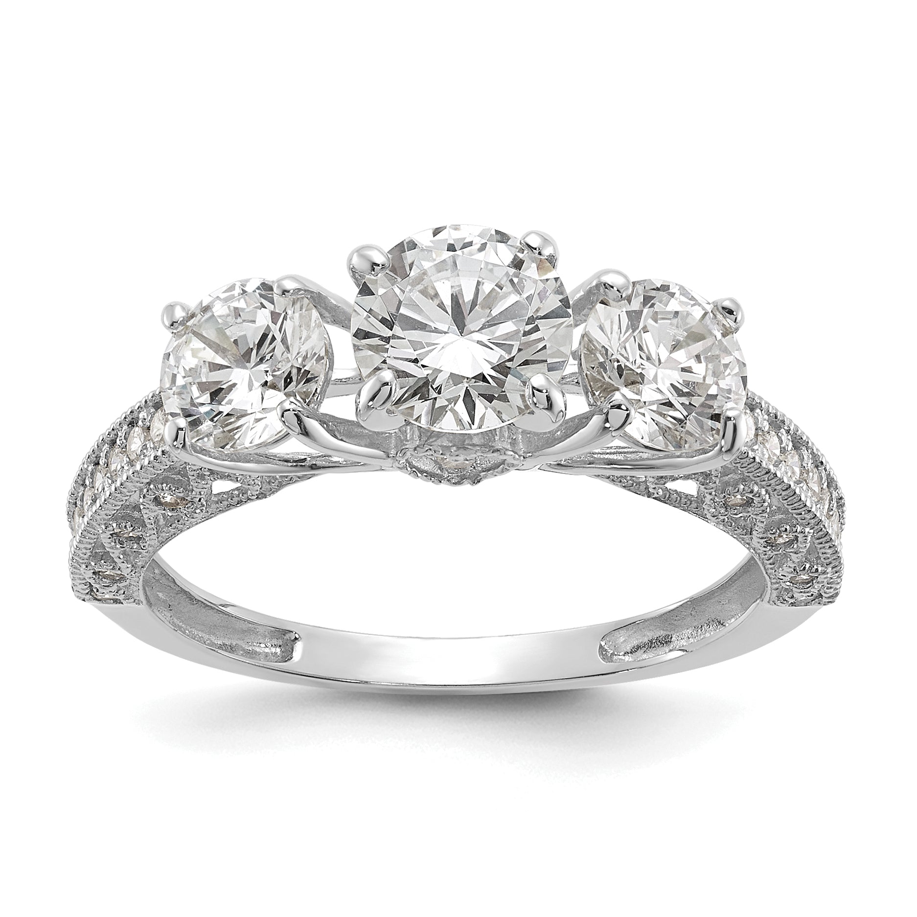 10K White Gold Tiara Collection Polished 3 Stone Cz Ring (Size 7 Only)