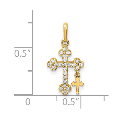 10K Yellow Gold Cz Budded Cross W/Cross Dangle Pendant