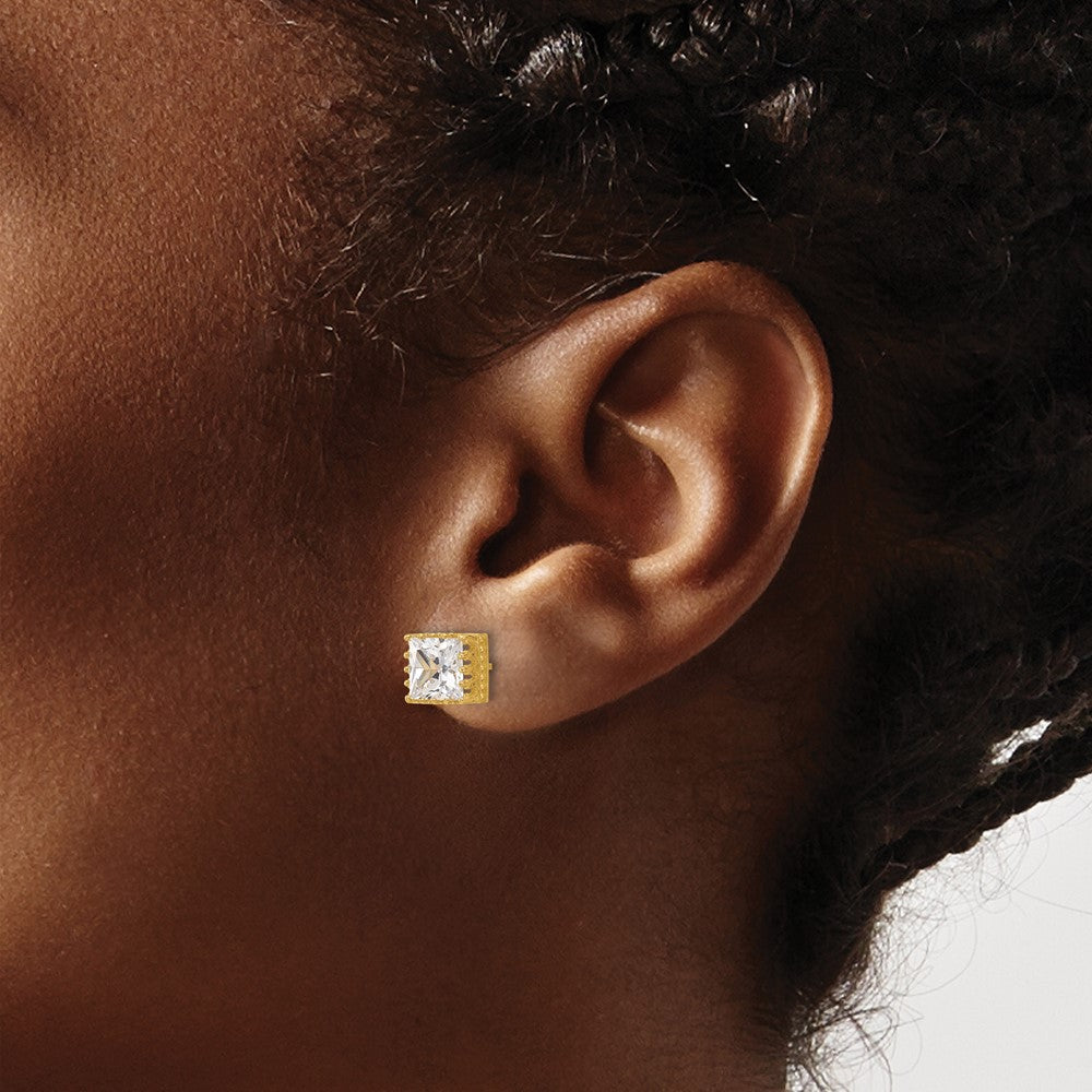 10K Yellow Gold Tiara Collection 7mm Polished Square CZ Earrings