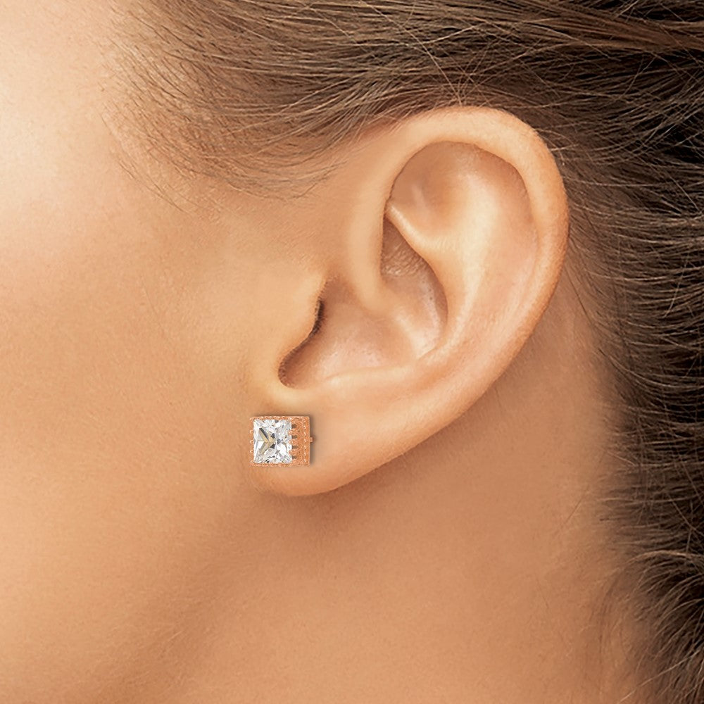 10K Rose Gold Tiara Collection 7mm Polished Square Cz Earrings