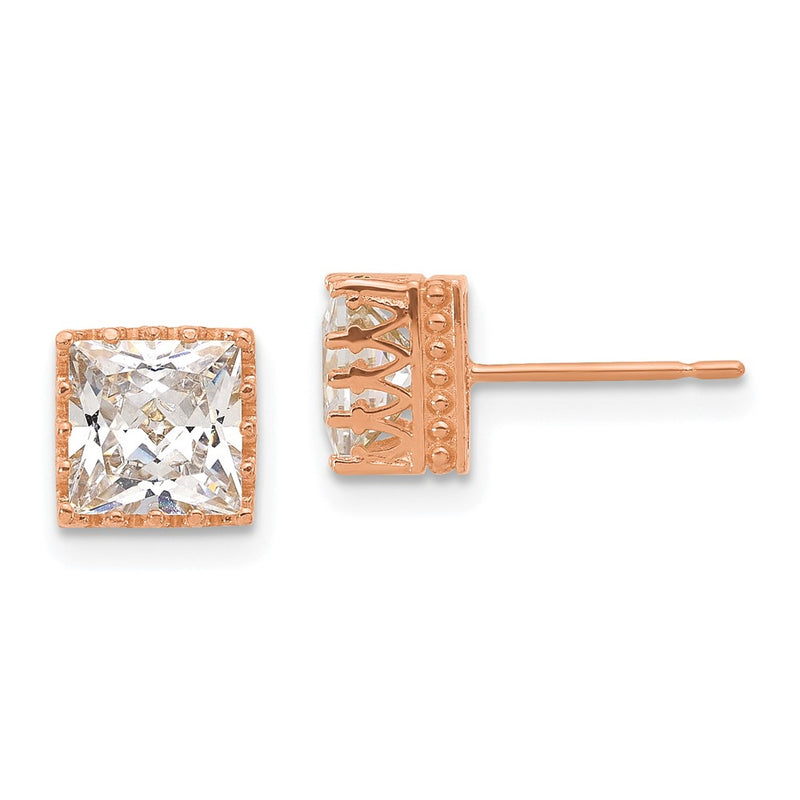 10K Rose Gold Tiara Collection 7mm Polished Square Cz Earrings