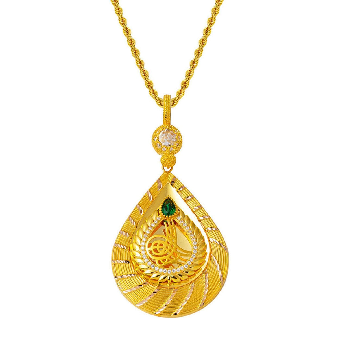 14K Yellow Gold Teardrop Ottoman Tughra Cubic Zirconia Necklace (9.51 g)