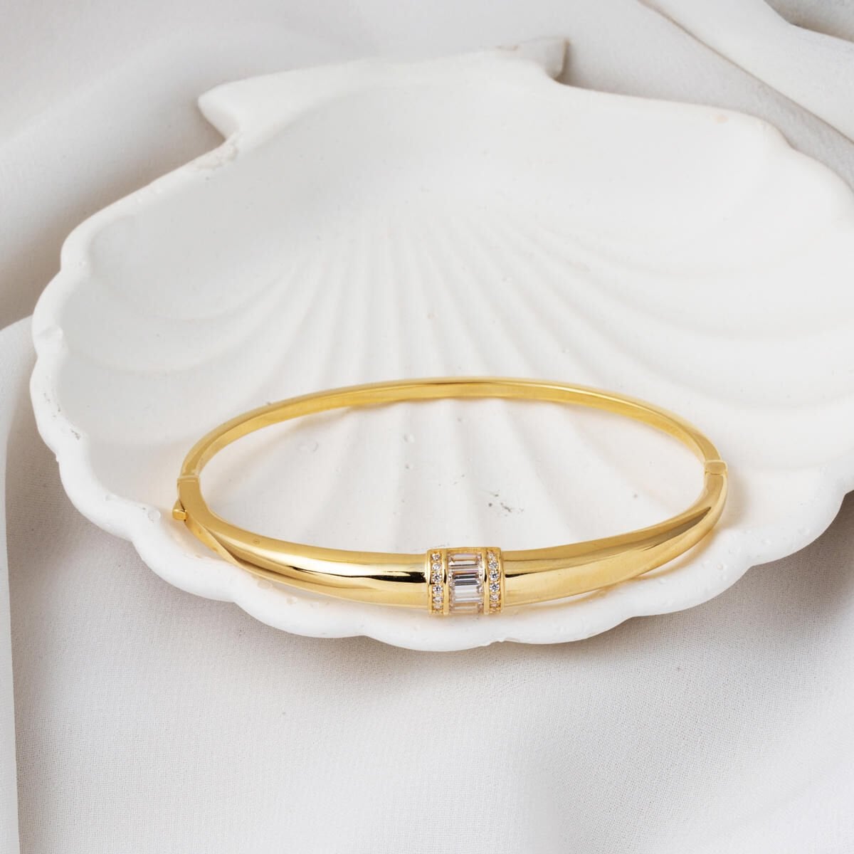 14K Yellow Gold Baguette Minimalist Cubic Zirconia Hinged Cuff Bangle