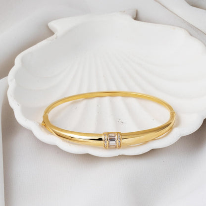14K Yellow Gold Baguette Minimalist Cubic Zirconia Hinged Cuff Bangle