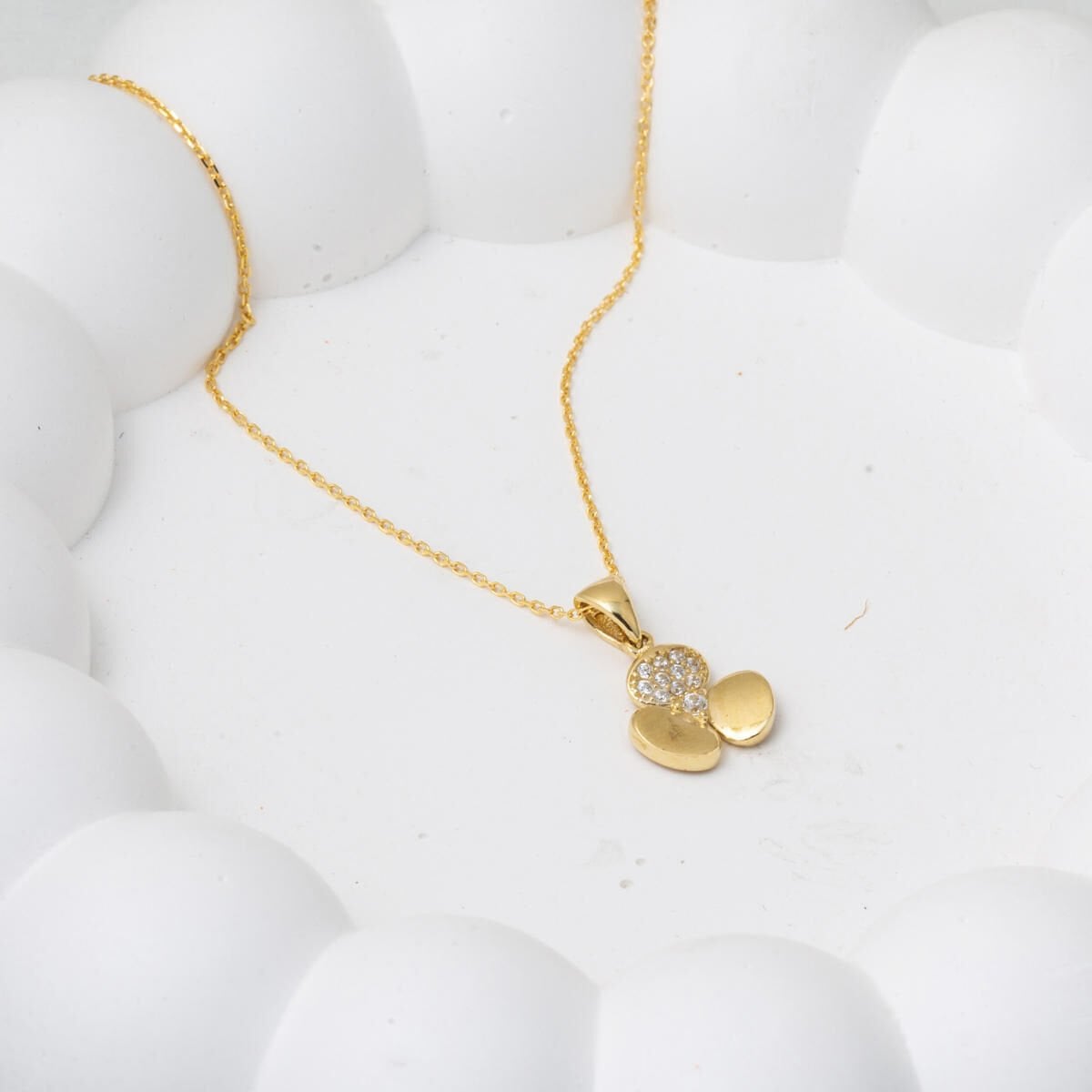 14K Yellow Gold Three Leaf Clover Cubic Zirconia Necklace
