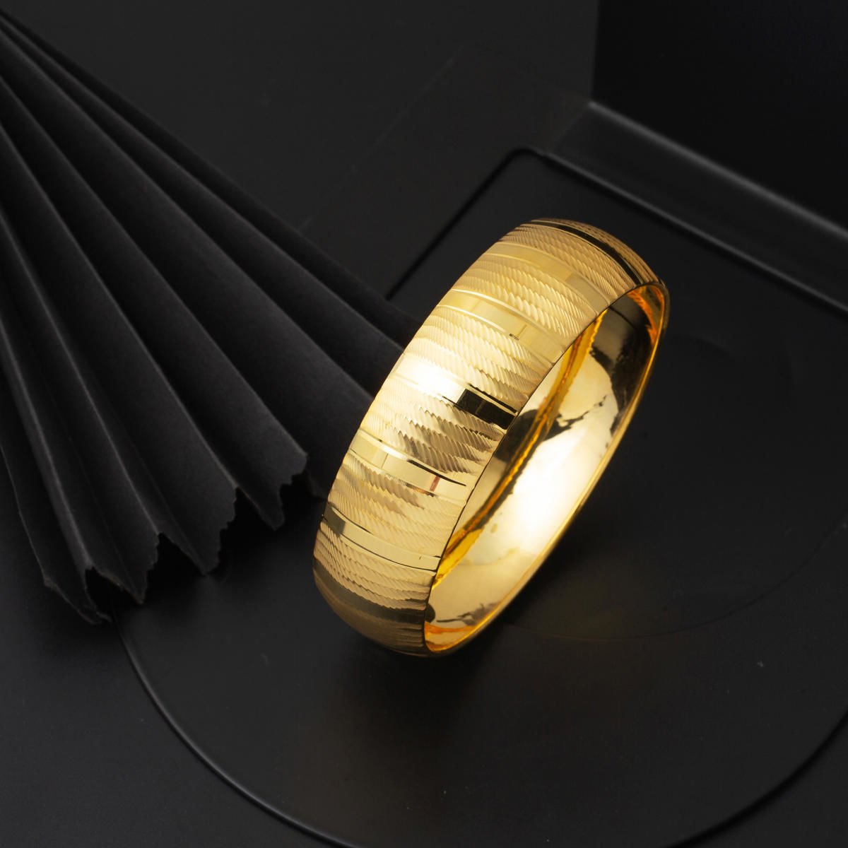 14K Yellow Gold 2 cm Wide Hand Engraved Bangle